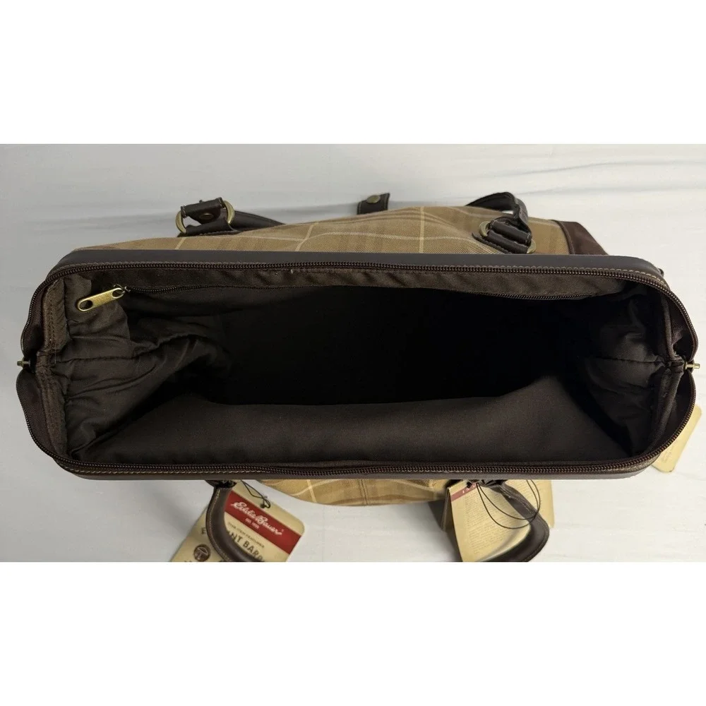 Eddie Bauer Plaid Check Brown Canvas Leather Duffel Travel Bag Luggage NWT
